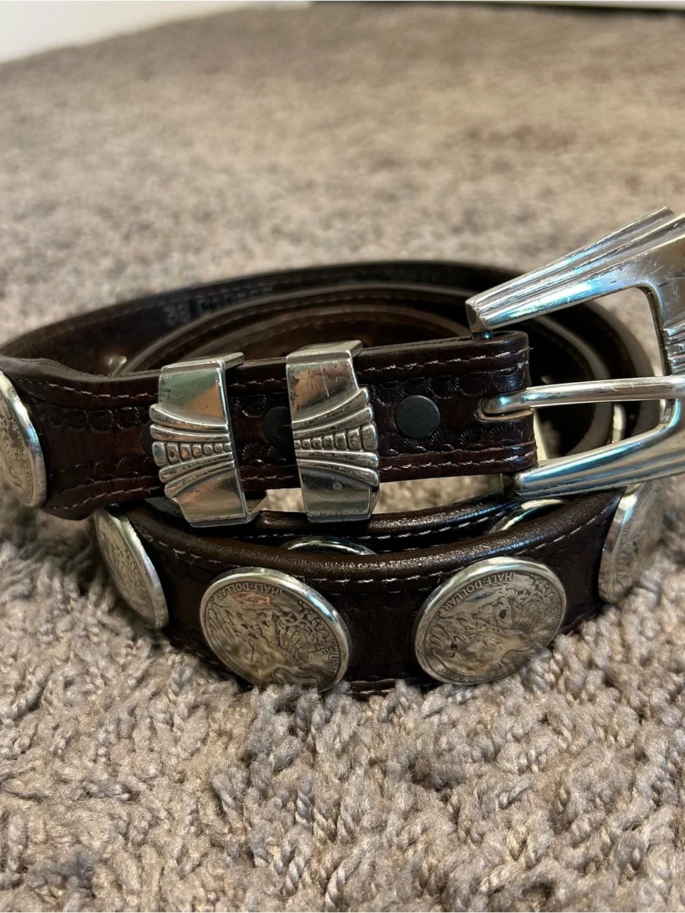 Vintage Justin Leather Coin Concho Belt with Silver Buckle